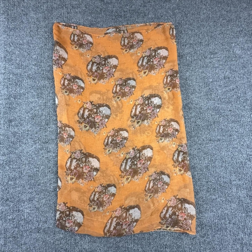 Floral Skull Scarf Womens One Size Orange Chiffon Rectangle Wrap Lightweight